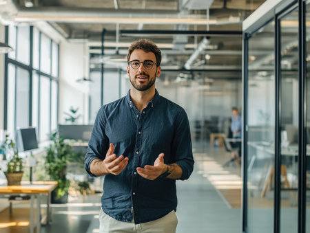 young businessman presenting creative startup ideas in a large, open office space with glass walls and natural lightの素材