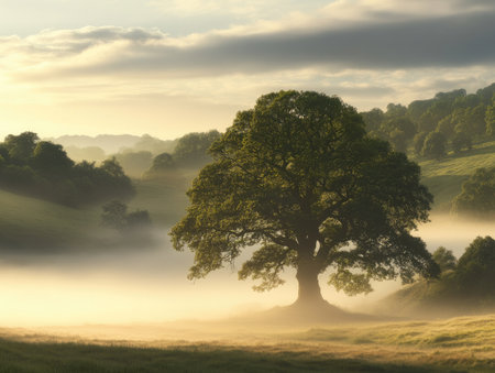 tree surrounded by a veil of morning mist, with soft sunlight barely breaking through, in a peaceful valleyの素材