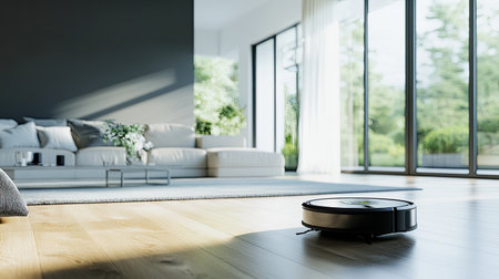 smart cleaning robot vacuuming a modern living room, showcasing the integration of cleanliness and technologyの素材