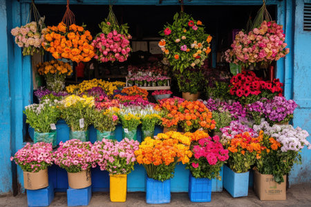 A colorful flower market stall, filled with vibrant bouquets and fresh blooms, creating a lively, bustling sceneの素材