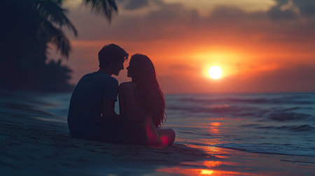 A couple in love sharing a quiet moment by the beach, with the sun setting in the background, creating a dreamy atmosphereの素材