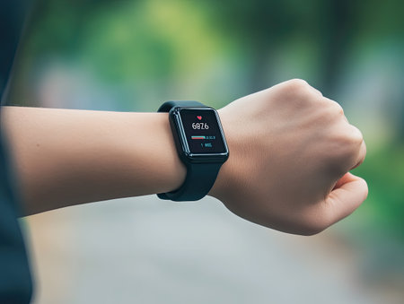 person wearing a fitness tracker while exercising, tracking health data such as heart rate, steps, and calories burnedの素材