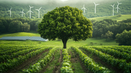 tree in a carbon offset forest, with renewable energy sources like wind turbines and solar panels in the backgroundの素材