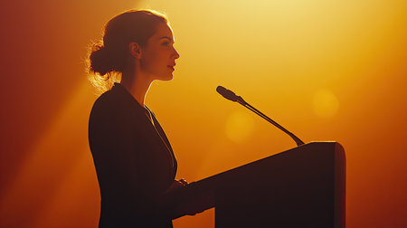 successful business executive woman standing at a podium, giving a speech at a high-profile corporate eventの素材