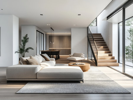 Minimalist home design, open concept living space with sleek furniture, neutral tones, and simple decor, natural light flooding through large windowsの素材
