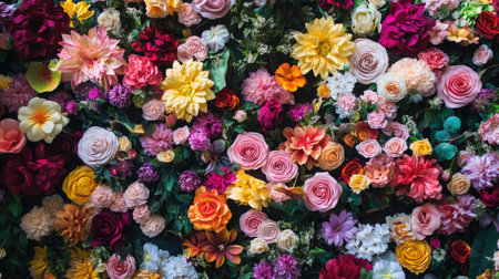 3D flower wall installation featuring layers of colorful flowers, creating a lush, immersive experience for any eventの素材