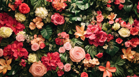 3D flower wall installation with vibrant flowers and lush greenery, creating an eye-catching display for weddings or special eventsの素材