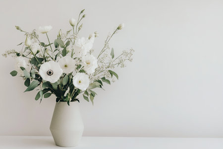 Minimalist flower arrangement in a geometric vase, with simple white blooms and green leaves, creating a sleek and modern aestheticの素材