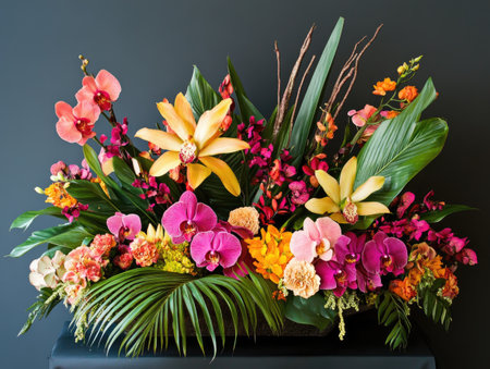 Tropical flowers in a lush arrangement, featuring bright orchids, palm leaves, and exotic blooms for a vibrant displayの素材