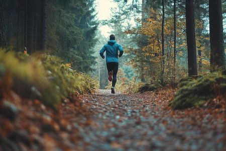 Active lifestyle with a person running through a forest trail, full of energy and determinationの素材