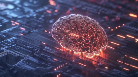 AI-driven brain with neural networks and glowing circuits, highlighting futuristic artificial intelligenceの素材