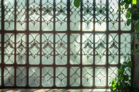 Elegant glass window with geometric patterns, sunlight filtering through, casting subtle shadowsの素材