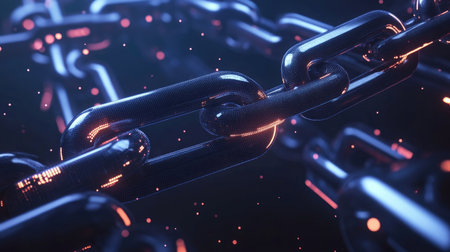 Blockchain graph with interconnected blocks, sleek metallic design, secure node visualizations, futuristic lookの素材