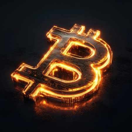 Digital gold currency symbol with glowing neon edges, futuristic design, representing cryptocurrency and wealthの素材