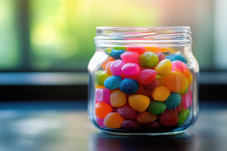 Glass jar filled with colorful candy, the clear jar showcasing the vibrant contentsの素材