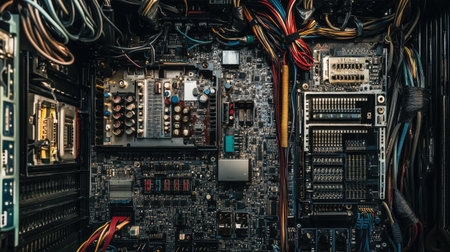Inside view of a computer with exposed hardware, cables, and components, showing the intricate details of the internal systemの素材