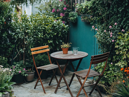 Garden furniture set with a small table and chairs, creating a perfect outdoor dining spot among flowers and plantsの素材