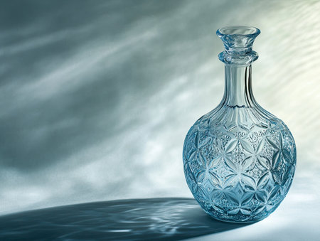 Glass bottle with intricate design, reflecting soft light, standing on a clean surfaceの素材