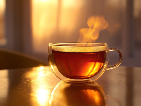 Glass cup filled with tea, warm light reflecting off the surface, steam rising gentlyの素材