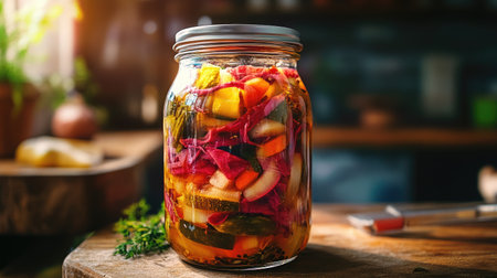 Glass jar filled with pickled vegetables, vibrant colors inside the clear jar, a rustic and homemade feelの素材