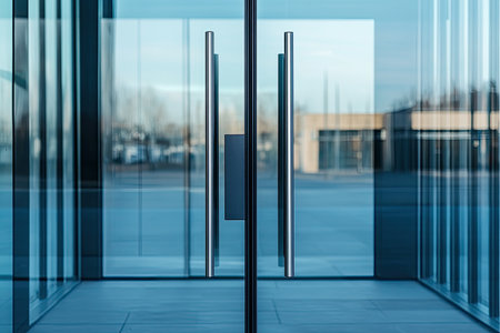 Glass door with sleek handles, clean lines, and subtle reflections, modern architectural designの素材