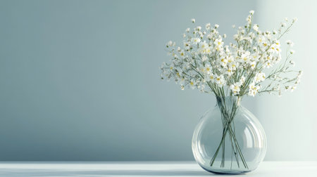 Glass vase with fresh flowers, minimalistic design with soft reflections, creating a delicate and elegant moodの素材
