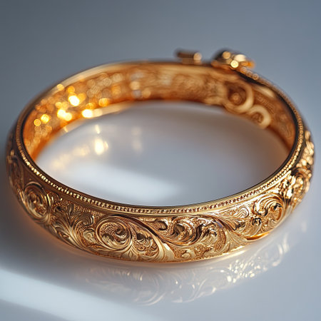 Gold bracelet with intricate engravings, polished surface, reflecting light, luxurious and highの素材