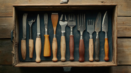 Garden tools arranged in a toolbox, ready for planting, digging, and trimming tasksの素材
