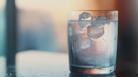 Glass of water with ice cubes, condensation forming on the outside, creating a refreshing sceneの素材