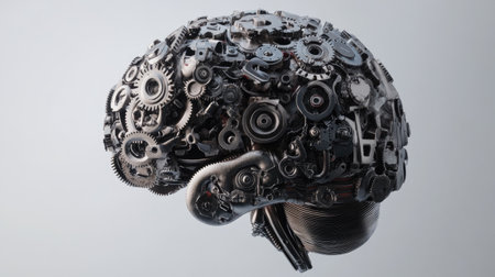 Mechanical brain model with detailed parts, gears, and technological components, representing advanced roboticsの素材