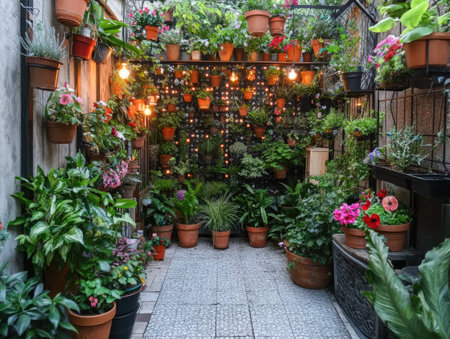 Small garden packed with potted plants, hanging baskets, and decorative lights, utilizing a limited outdoor spaceの素材