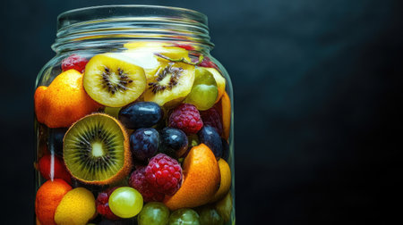 Glass jar filled with preserved fruit, vibrant colors contrasting with the transparent jarの素材