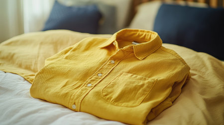 A casual yellow shirt folded neatly on a bed, ready to be worn for a bright and cheerful dayの素材