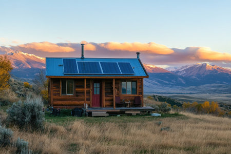 Off-grid lifestyle with a tiny home in the mountains, solar energy, and a person living independently and sustainablyの素材