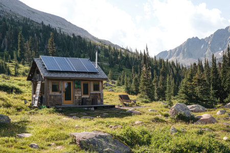 Off-grid lifestyle with a tiny home in the mountains, solar energy, and a person living independently and sustainablyの素材