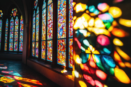 Stained glass with intricate designs, rich colors, and sunlight shining through, casting colorful shadowsの素材