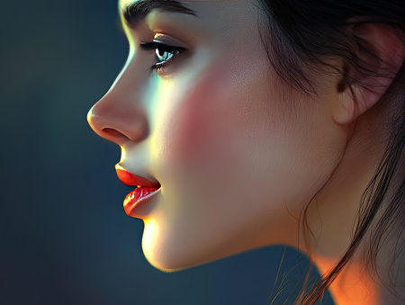 Side profile of a woman face, soft lighting highlighting her features, elegant and poised expressionの素材