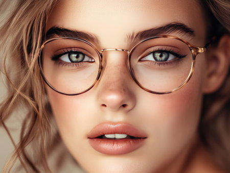Woman face with fashionable glasses, sophisticated look, soft lighting, and minimal makeupの素材