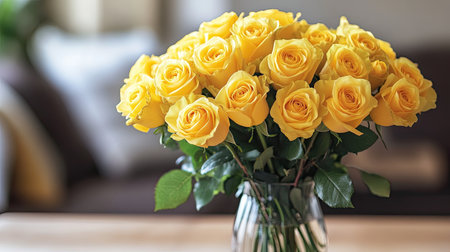 A bouquet of yellow roses arranged in a glass vase, adding elegance and warmth to any roomの素材