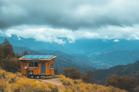 Off-grid lifestyle with a tiny home in the mountains, solar energy, and a person living independently and sustainablyの素材