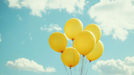 A cluster of yellow balloons floating in the sky, creating a joyful and celebratory atmosphereの素材