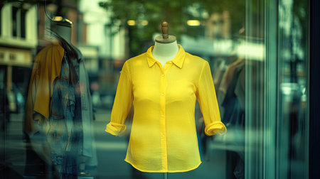 A bright yellow shirt displayed in a shop window, catching the attention of passersby with its bold colorの素材