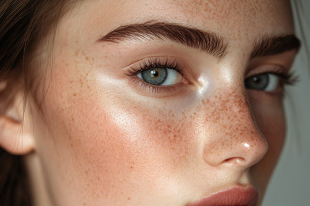 Woman face with a focus on skincare, glowing and hydrated complexion, fresh and healthy lookの素材