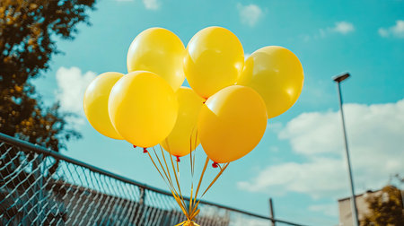 A bunch of yellow balloons tied to a fence, floating in the breeze at an outdoor celebrationの素材