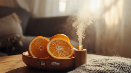 A diffuser releasing orange essential oil for aromatherapy, creating a calming and refreshing atmosphere in a cozy roomの素材