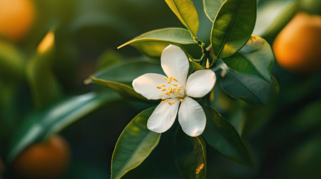 A delicate orange blossom in full bloom, its white petals contrasting beautifully with the green leaves of the orange treeの素材