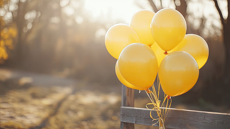 A bunch of yellow balloons tied to a fence, floating in the breeze at an outdoor celebrationの素材