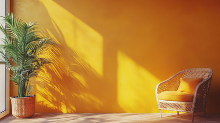 A bright, colorful wall painted in a rich orange color, adding warmth and energy to the room designの素材