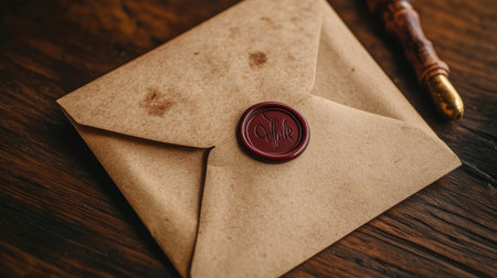 A handmade envelope with elegant calligraphy and a wax seal, perfect for personalized wedding invitations or love lettersの素材