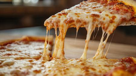 A freshly baked pizza slice with a thin, crispy crust being served to a customer, with perfectly melted cheese and toppingsの素材